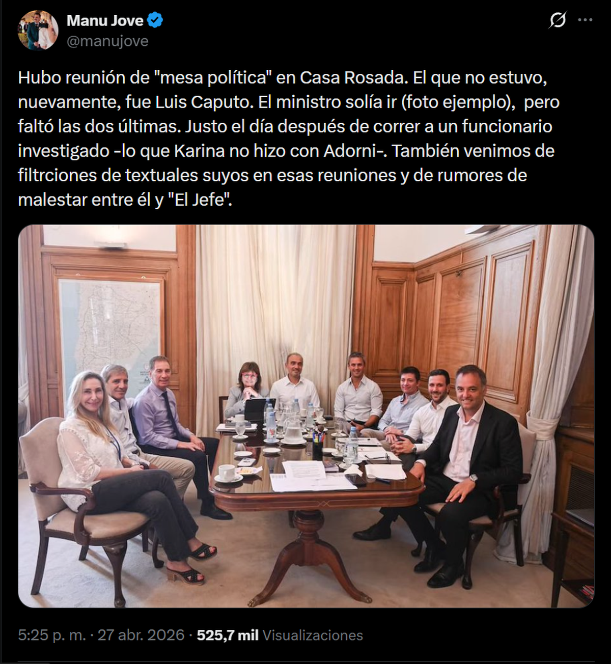 Manu Jove cuestionó las repetidas ausencias de Luis Caputo a las mesas política, en especial después de echar a su exfuncionario, Carlos Frugoni, por propiedades sin declarar en Miami. Fuente: X Manu Jove cuestionó las repetidas ausencias de Luis Caputo a las mesas política, en especial después de echar a su exfuncionario, Carlos Frugoni, por propiedades sin declarar en Miami. Fuente: X