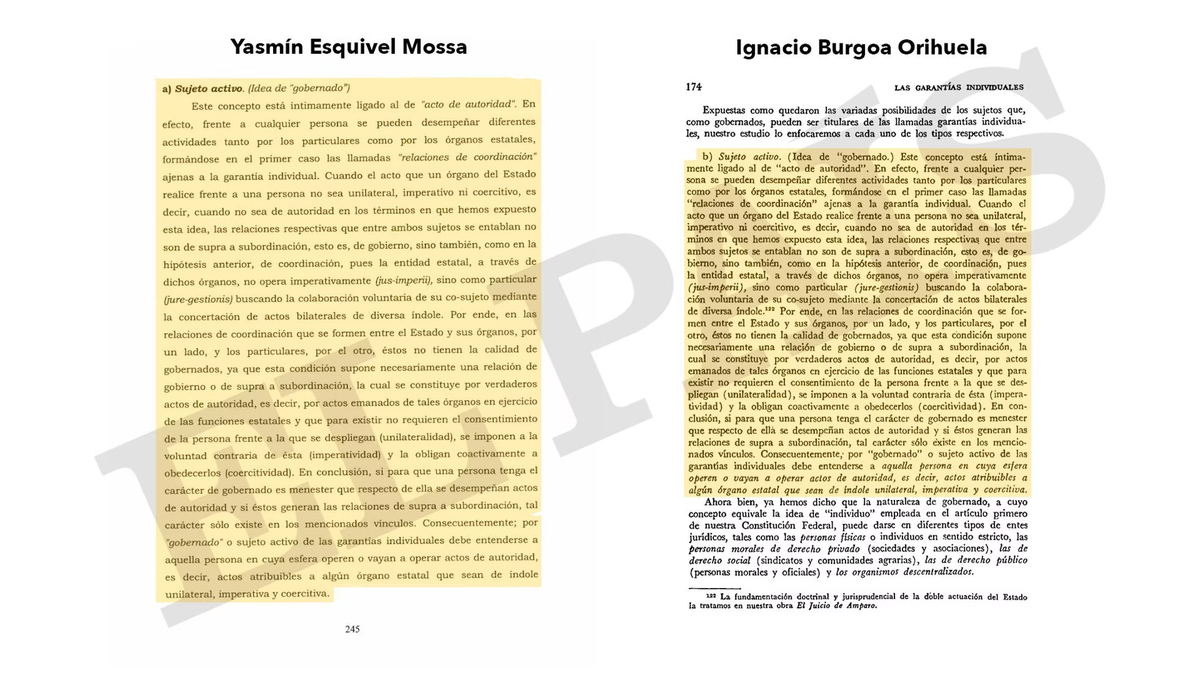 A la izquierda, la tesis de Esquivel, a la derecha una p&aacute;gina del libro 'Las garant&iacute;as individuales' de Ignacio Burgoa.