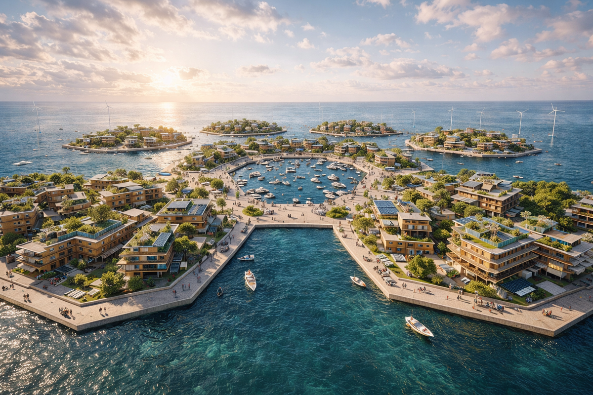 Render conceptual de Oceanix City, una ciudad flotante pensada para convivir con el aumento del nivel del mar y los nuevos desafíos urbanos del cambio climático. Render conceptual de Oceanix City, una ciudad flotante pensada para convivir con el aumento del nivel del mar y los nuevos desafíos urbanos del cambio climático. 