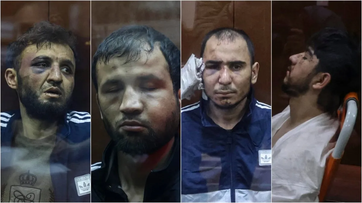 Los condenados por el ataque terrorista en Moscú, con signos de tortura. Los condenados por el ataque terrorista en Moscú, con signos de tortura.