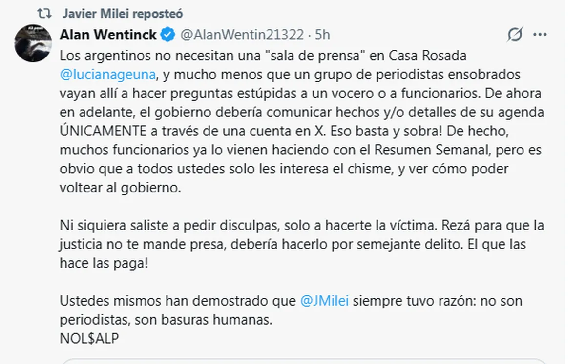 Mientras los libertarios atacan a Luciana Geuna en redes, Javier Milei retuiteó varios de sus posteos, incluyendo uno que propone descartar las conferencias de prensa y comunicar directamente desde Twitter. Fuente: X Mientras los libertarios atacan a Luciana Geuna en redes, Javier Milei retuiteó varios de sus posteos, incluyendo uno que propone descartar las conferencias de prensa y comunicar directamente desde Twitter. Fuente: X