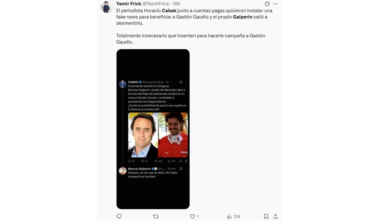 Un usuario de la red social X capturó el tuit de Horacio Cabak previo a que sea eliminado. Un usuario de la red social X capturó el tuit de Horacio Cabak previo a que sea eliminado.
