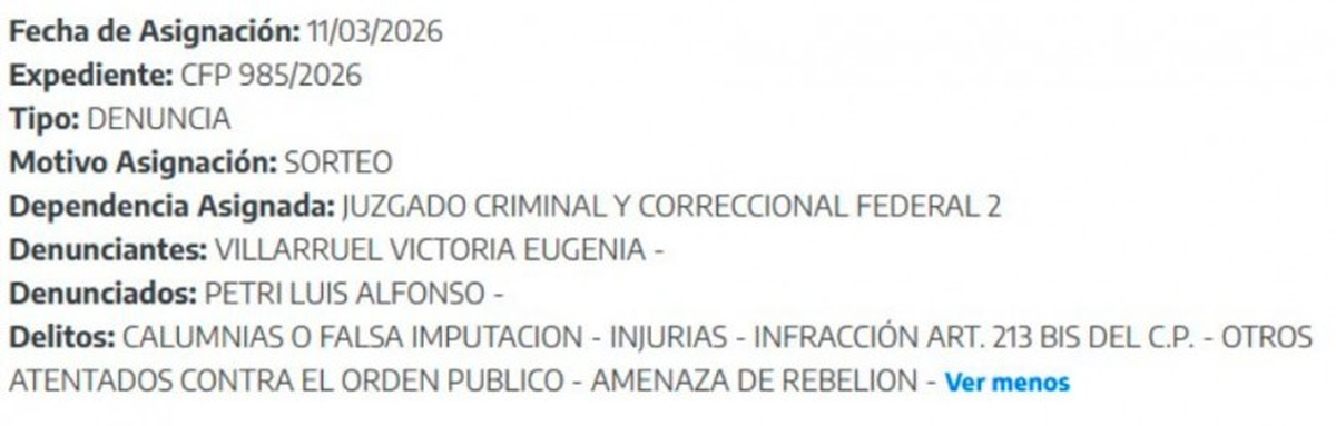 La denuncia de Victoria Villarruel contra Luis Petri. La denuncia de Victoria Villarruel contra Luis Petri.
