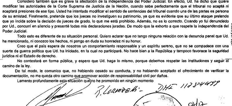 Fragmento de la carta-documento de Lorenzetti a Carrió.