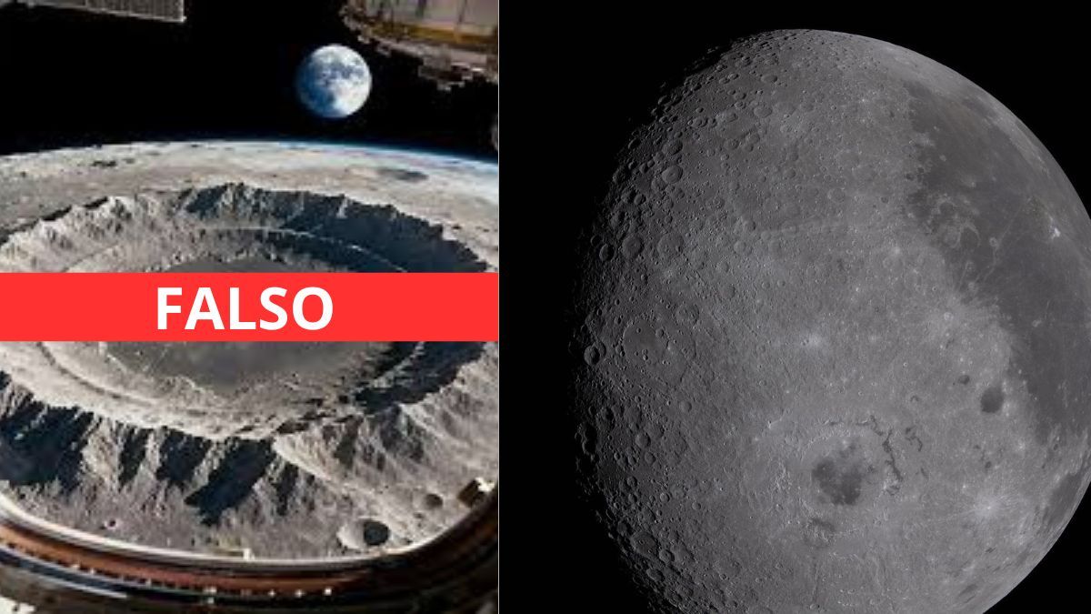 Imagen falsa de la 'cuenca Oriental' que circuló en las redes vs. imagen real de Artemis II de la NASA. Imagen falsa de la 'cuenca Oriental' que circuló en las redes vs. imagen real de Artemis II de la NASA.