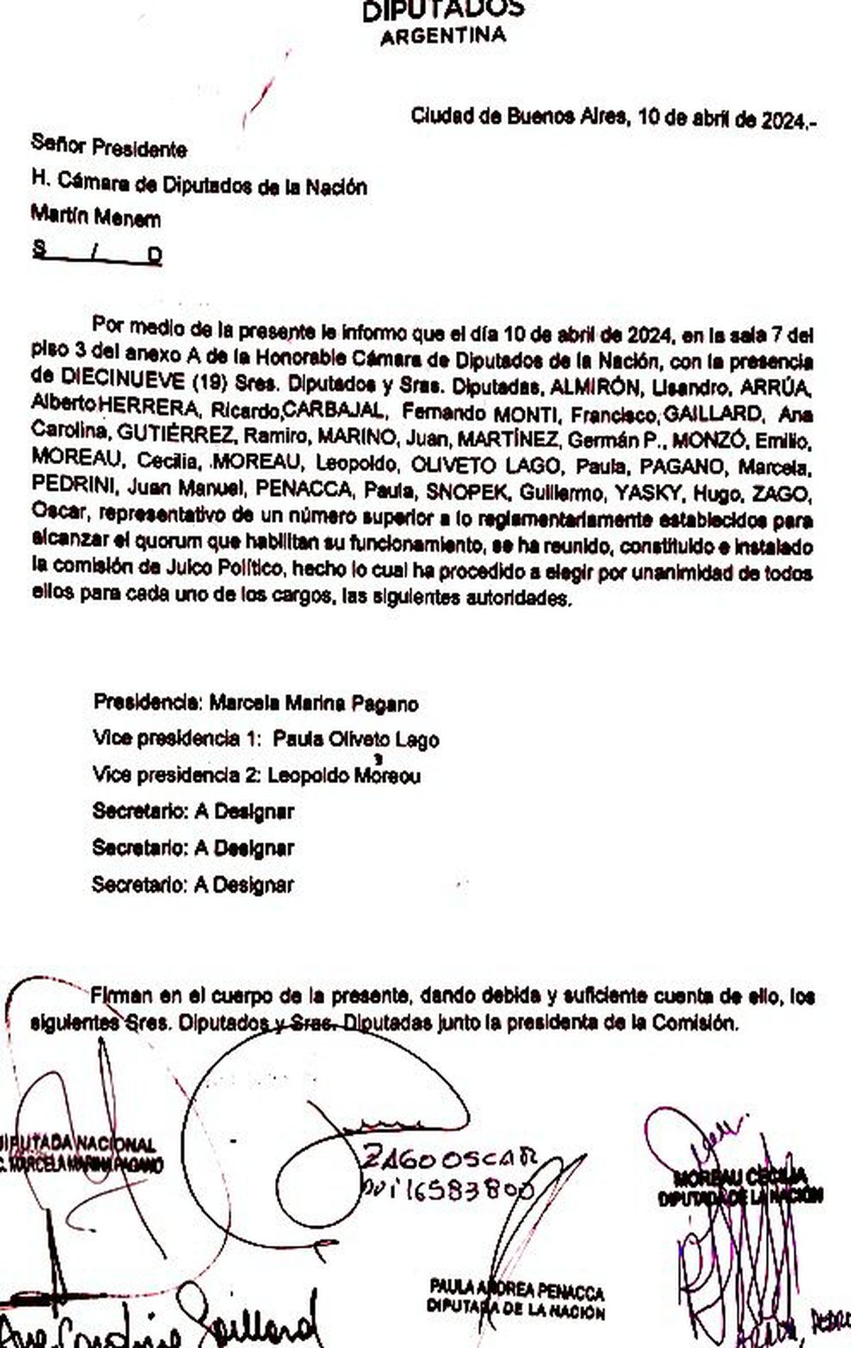 La nota elevada Martín Menem con la conformación de la comisión de Juicio Político. La nota elevada Martín Menem con la conformación de la comisión de Juicio Político.