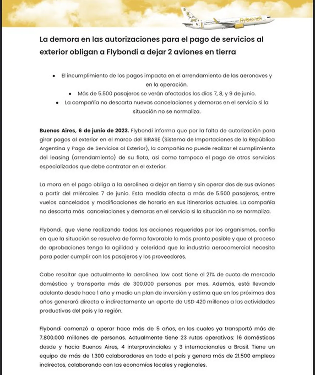 Comunicado oficial de Flybondi ante la suspensión y reprogramación de vuelos. Comunicado oficial de Flybondi ante la suspensión y reprogramación de vuelos.