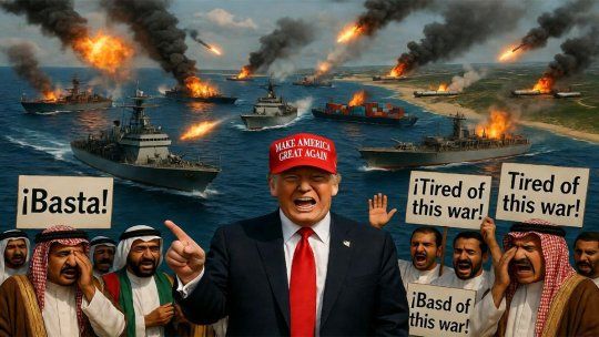 Imagen creada con IA: Donald Trump y su guerra sobre Ormuz contra Irán, arrastra a todos a la arena delucha.