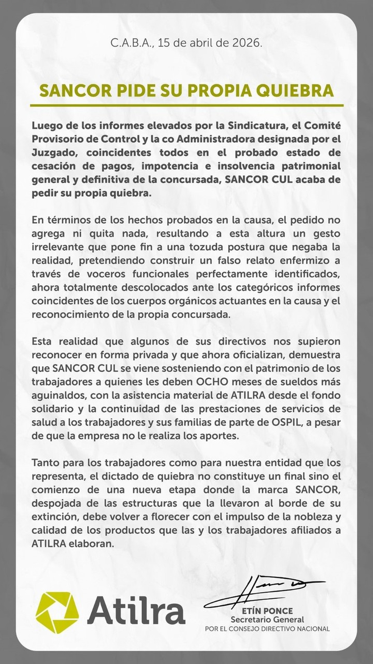 El comunicado de Atilra. El comunicado de Atilra.