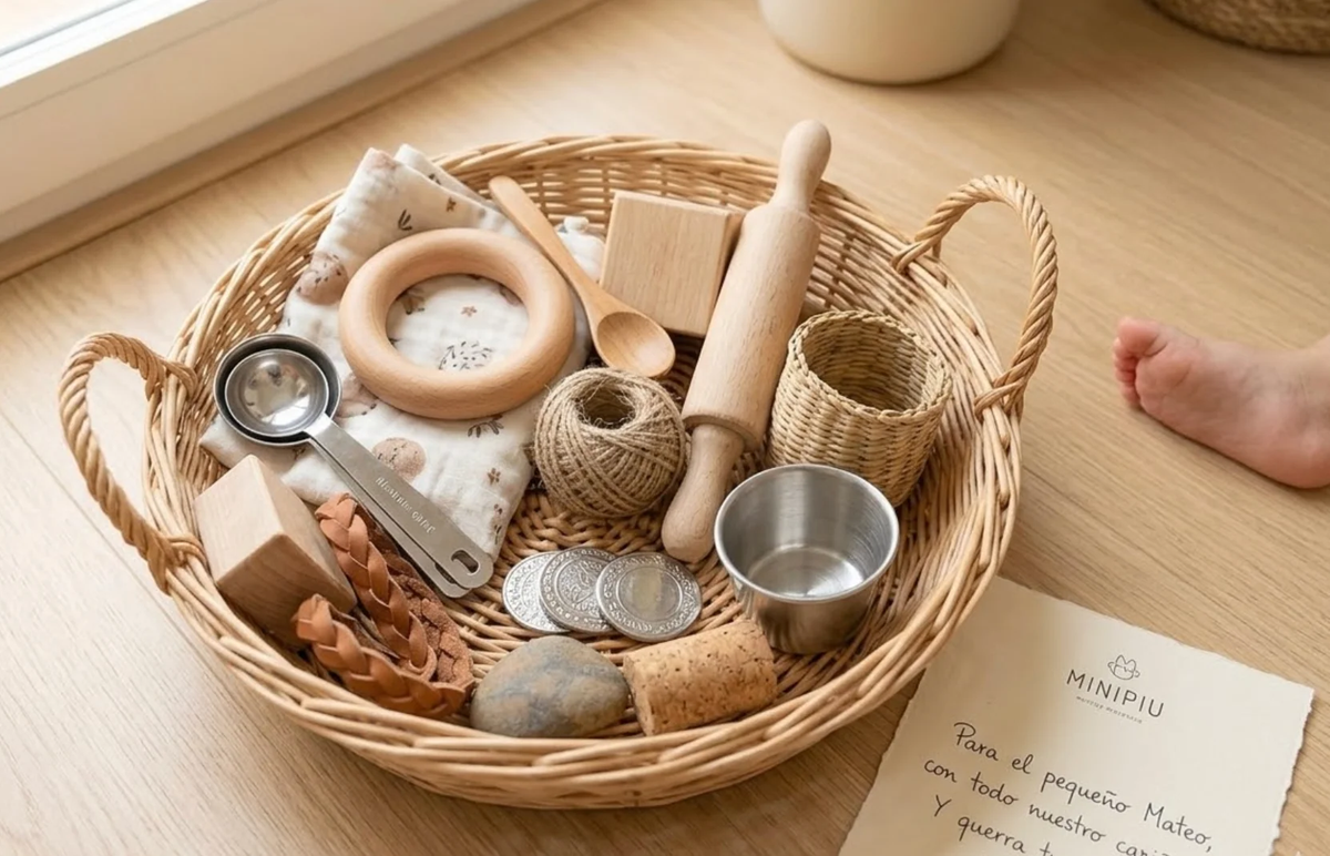 Una cesta sensorial (o cesto de los tesoros) es un contenedor de mimbre o madera lleno de objetos cotidianos, naturales y de diferentes texturas, pesos y materiales reales (no juguetes).