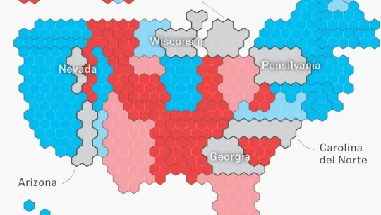 Gráfica de la configuración de la disputa Harris - Trump. Empate probabilístico, según Metaculus / The Economist