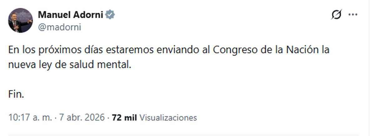 El anuncio de Manuel Adorni sobre la nueva ley de salud mental. El anuncio de Manuel Adorni sobre la nueva ley de salud mental.