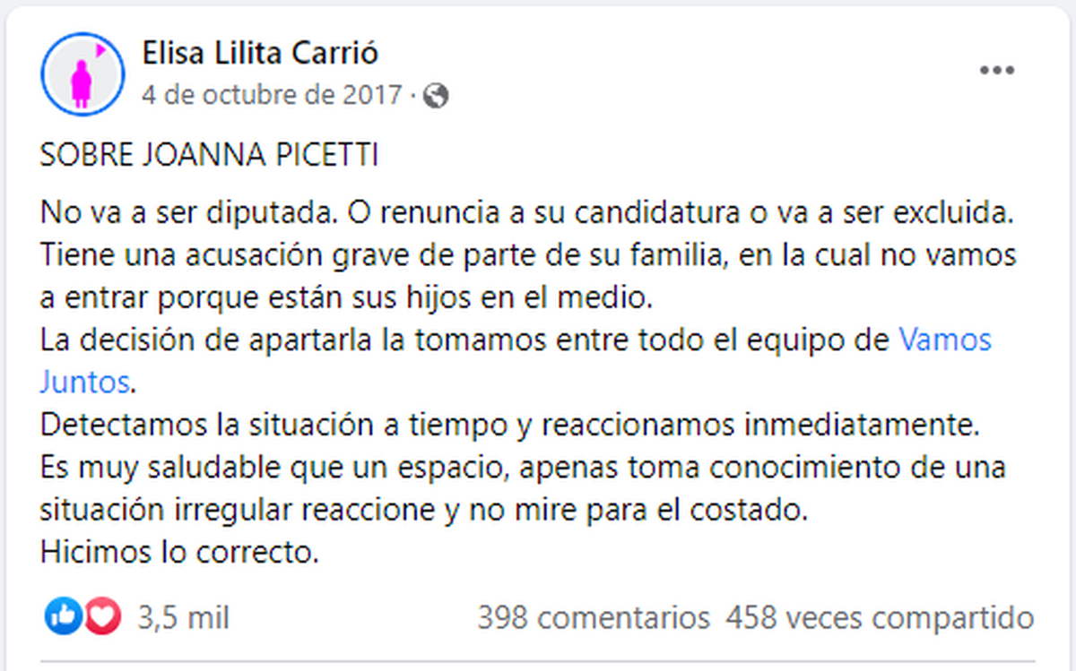 Elisa Carrió enterrando a Joanna Picetti a través de Facebook.