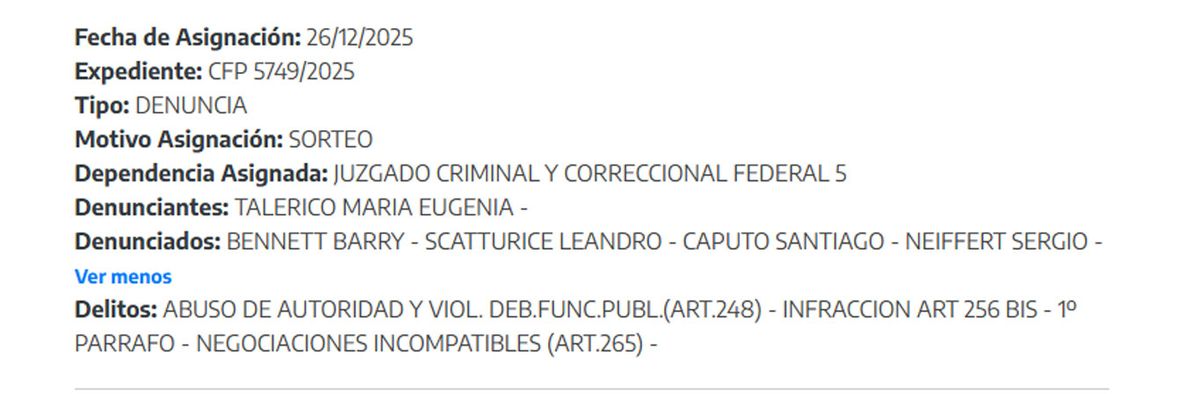 La ficha de la denuncia de Talerico en la página de la Corte Suprema. La ficha de la denuncia de Talerico en la página de la Corte Suprema. 