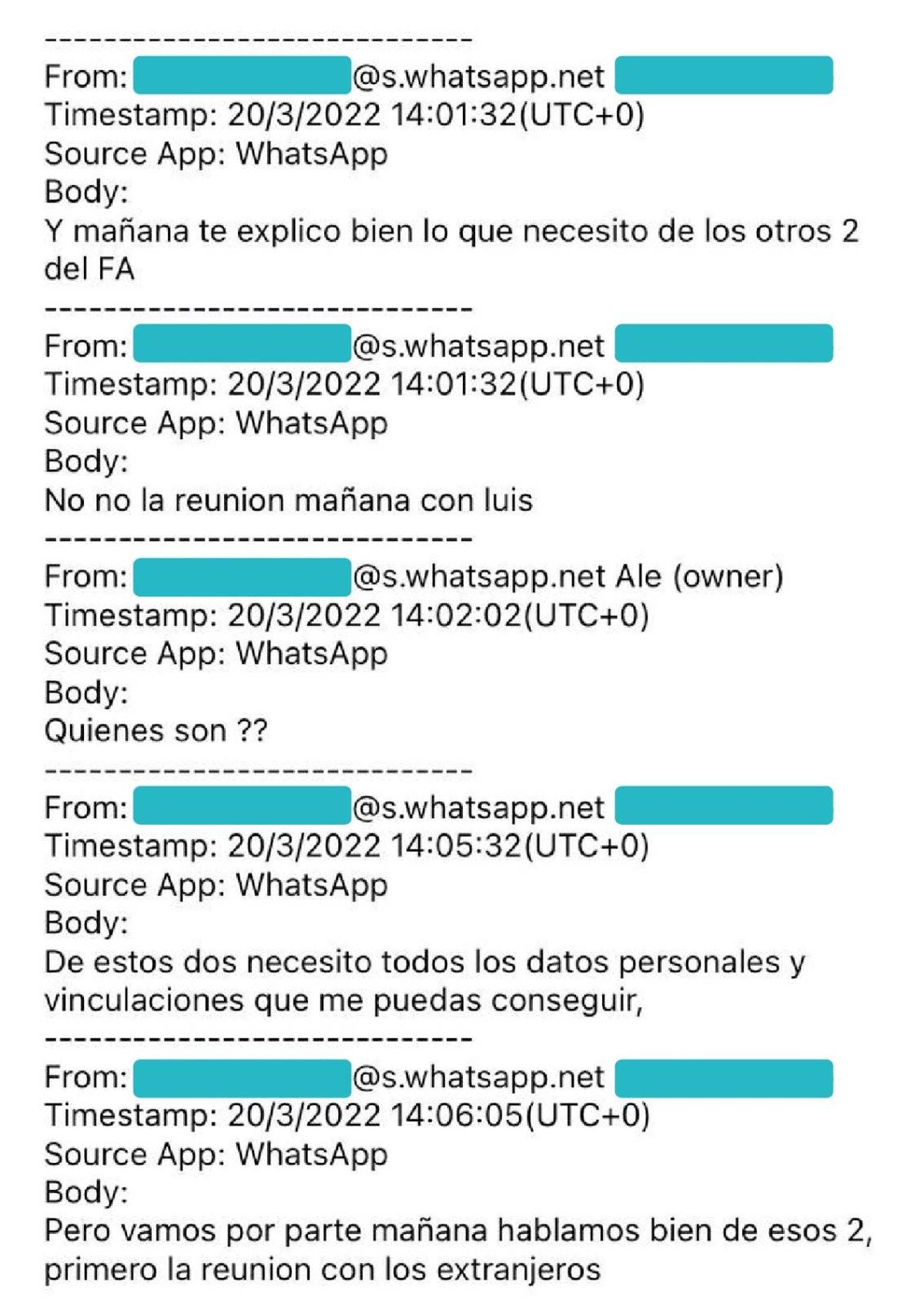 Imagen de algunos de los posteos en WhatsApp entre Alejandro Astesiano y su contacto de Vertical Skies.