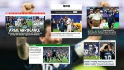 Fotomontaje de las portadas más impactantes de los diarios del mundo sobre el batacazo de Argentina contra Inglaterra en el partido de la semifinal del Mundial 2026.