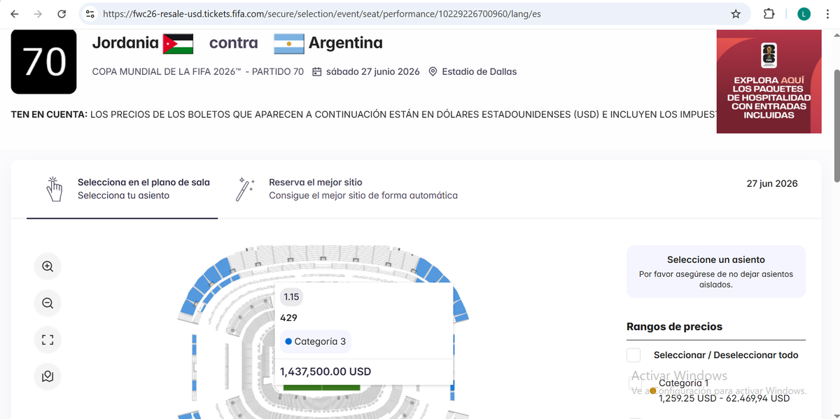 Un millon y medio de dólares para ver Argentina-Jordania en el Mundial 2026. Un millon y medio de dólares para ver Argentina-Jordania en el Mundial 2026.