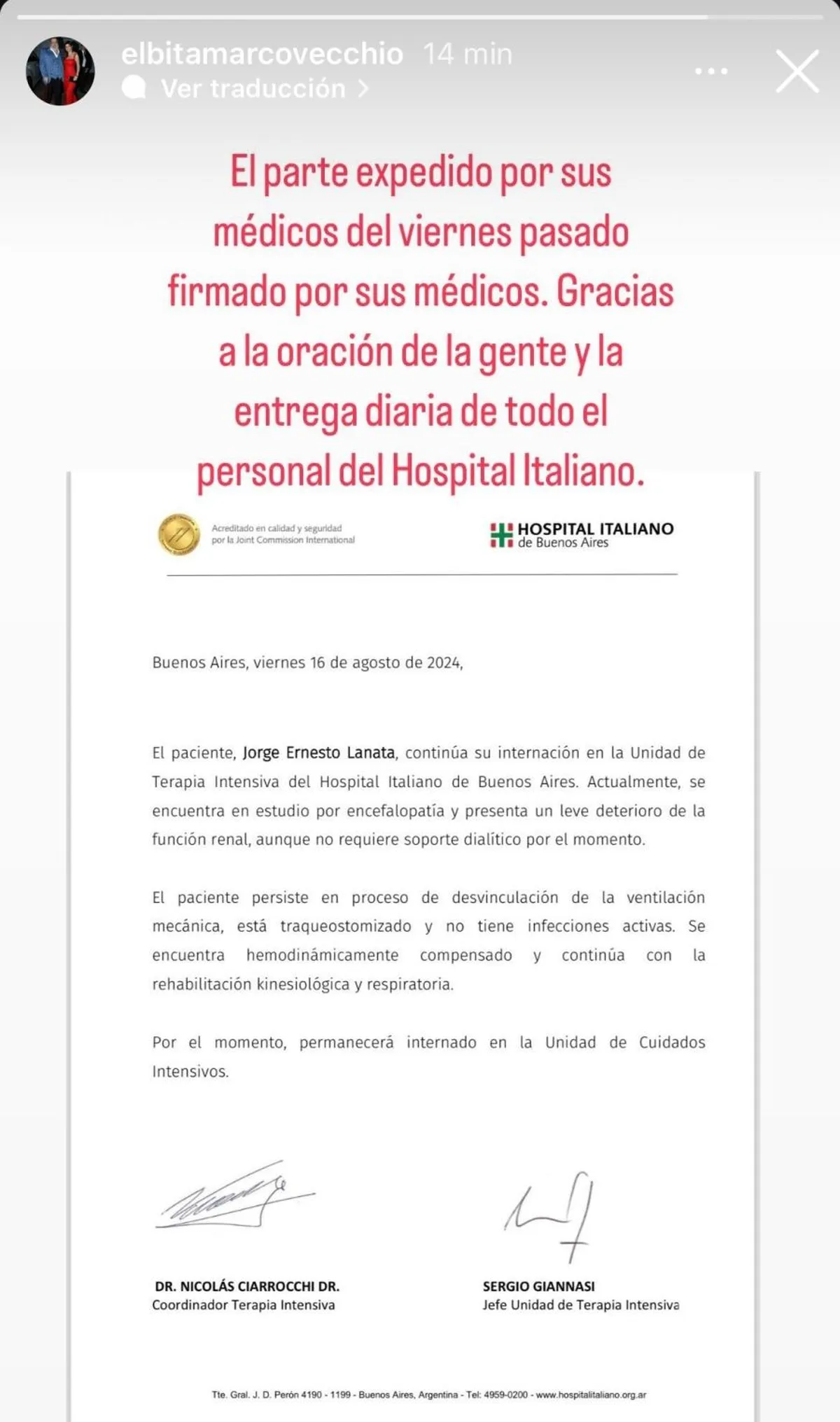Marcovecchio volvió a compartir el parte médico emitido el viernes pasado, pero con las firmas de los médicos. Marcovecchio volvió a compartir el parte médico emitido el viernes pasado, pero con las firmas de los médicos.