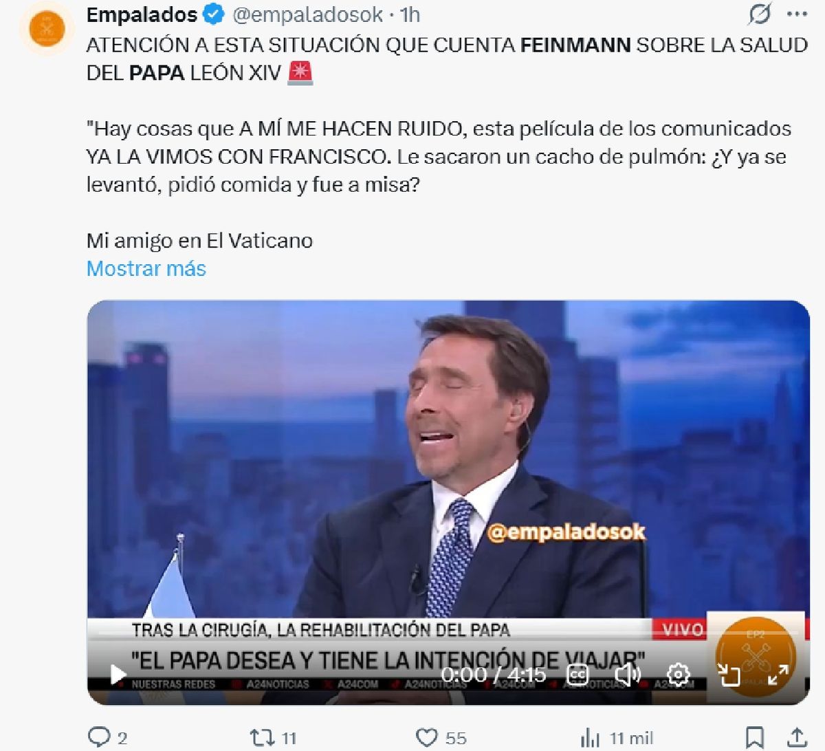 Eduardo Feinmann fue determinante al hablar sobre la salud del papa Le&oacute;n XIV.