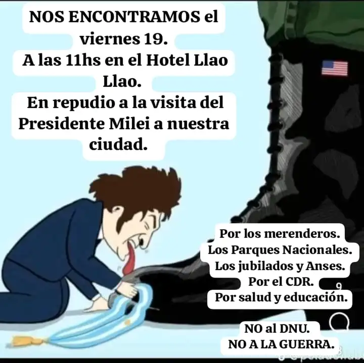 Convocatorias en redes sociales al piquete contra Milei en Bariloche. Convocatorias en redes sociales al piquete contra Milei en Bariloche.