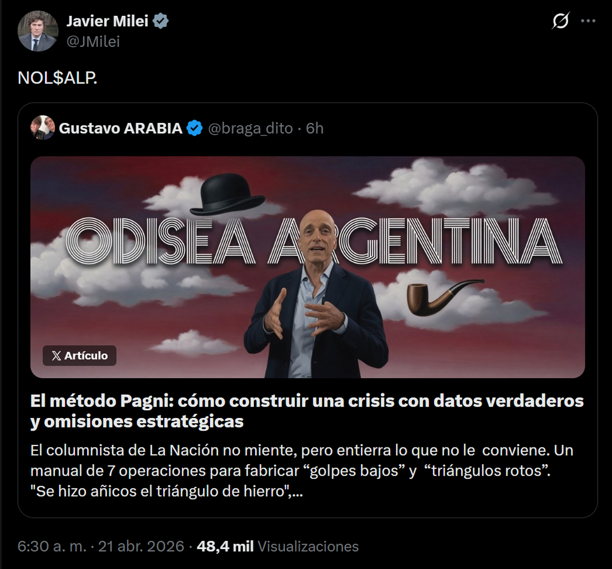 Javier Milei volvió a cruzarse con los periodistas. Esta vez volvió a arremeter con Carlos Pagni citando un artículo sobre sus "operetas". Fuente: X Javier Milei volvió a cruzarse con los periodistas. Esta vez volvió a arremeter con Carlos Pagni citando un artículo sobre sus "operetas". Fuente: X
