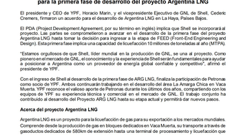 El comunicado de YPF anunciando el acuerdo histórico para el GNL argentino, con Shell. El comunicado de YPF anunciando el acuerdo histórico para el GNL argentino, con Shell.