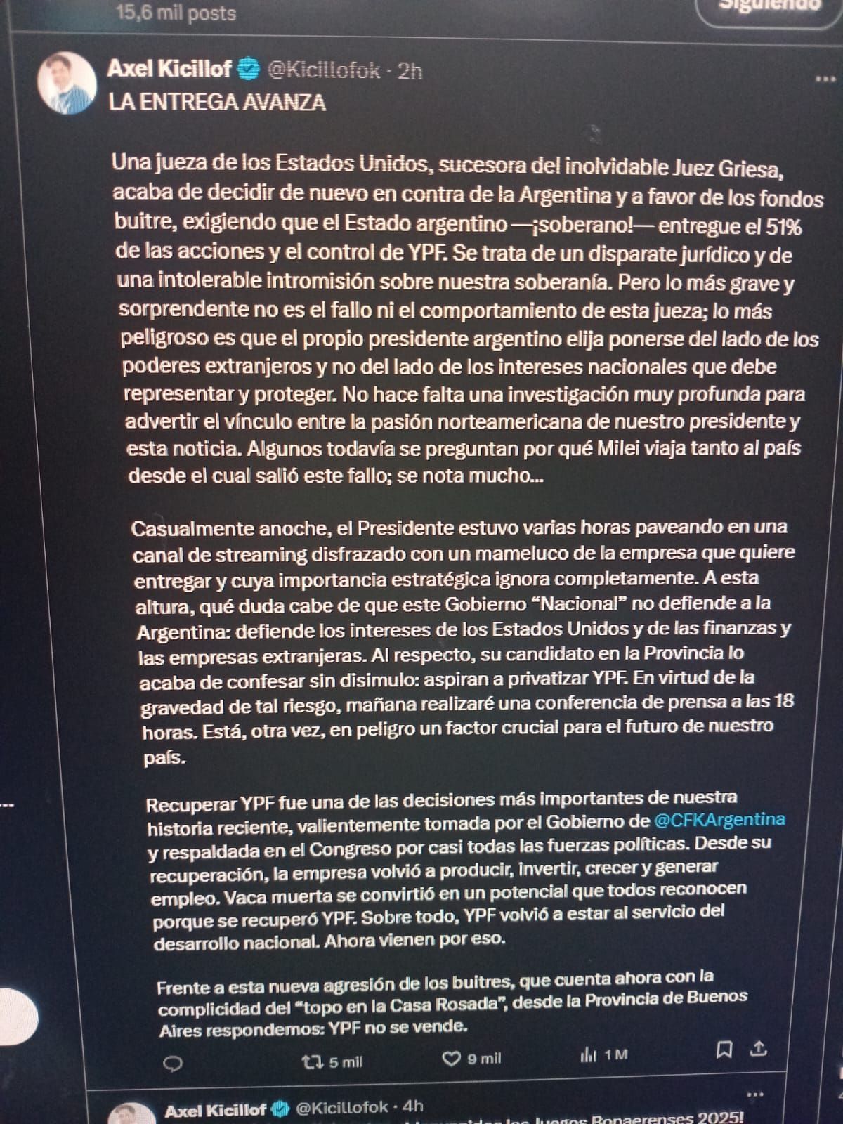 Axel Kicillof se manifest&oacute; en X sobre el caso YPF y la jueza Loretta Preska