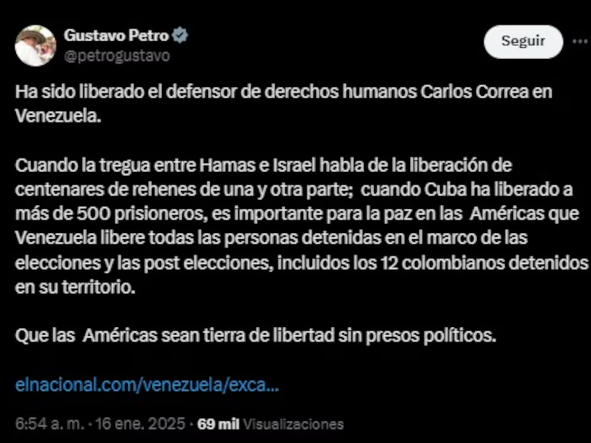 Posteo de Gustavo Petro del 16/01/25 | Captura de pantalla de X Posteo de Gustavo Petro del 16/01/25 | Captura de pantalla de X