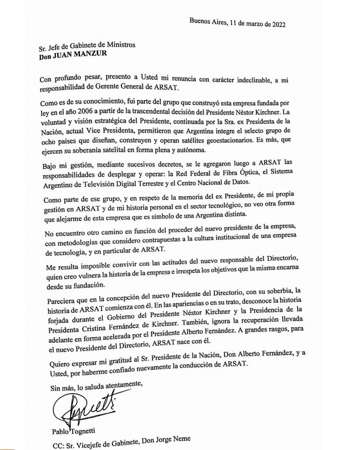 Renunci&oacute; el gerente general de ARSAT, Pablo Tognetti.