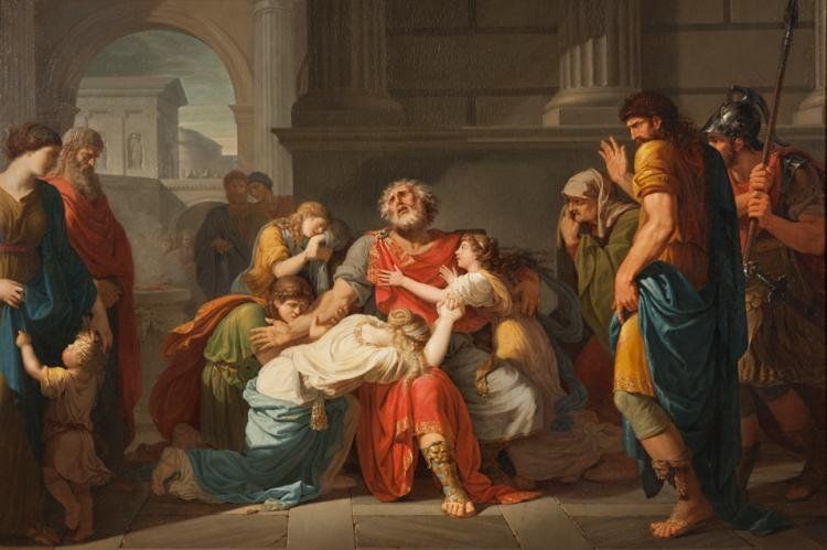 Casi casi un afiche peronista; El ciego Edipo encomendando sus hijos a los dioses, Bénigne  Gagneraux (1756-1795).