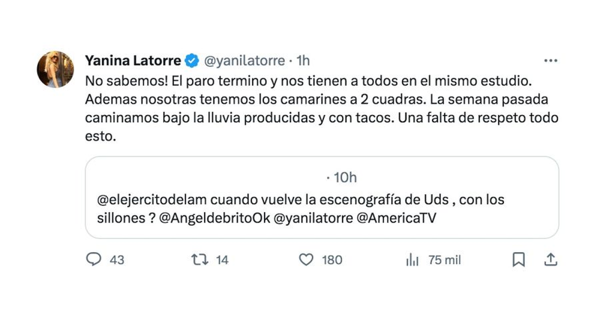 Latorre fue una de las figuras de América TV que se expresó muy molesta ante el uso de un solo estudio. Latorre fue una de las figuras de América TV que se expresó muy molesta ante el uso de un solo estudio.