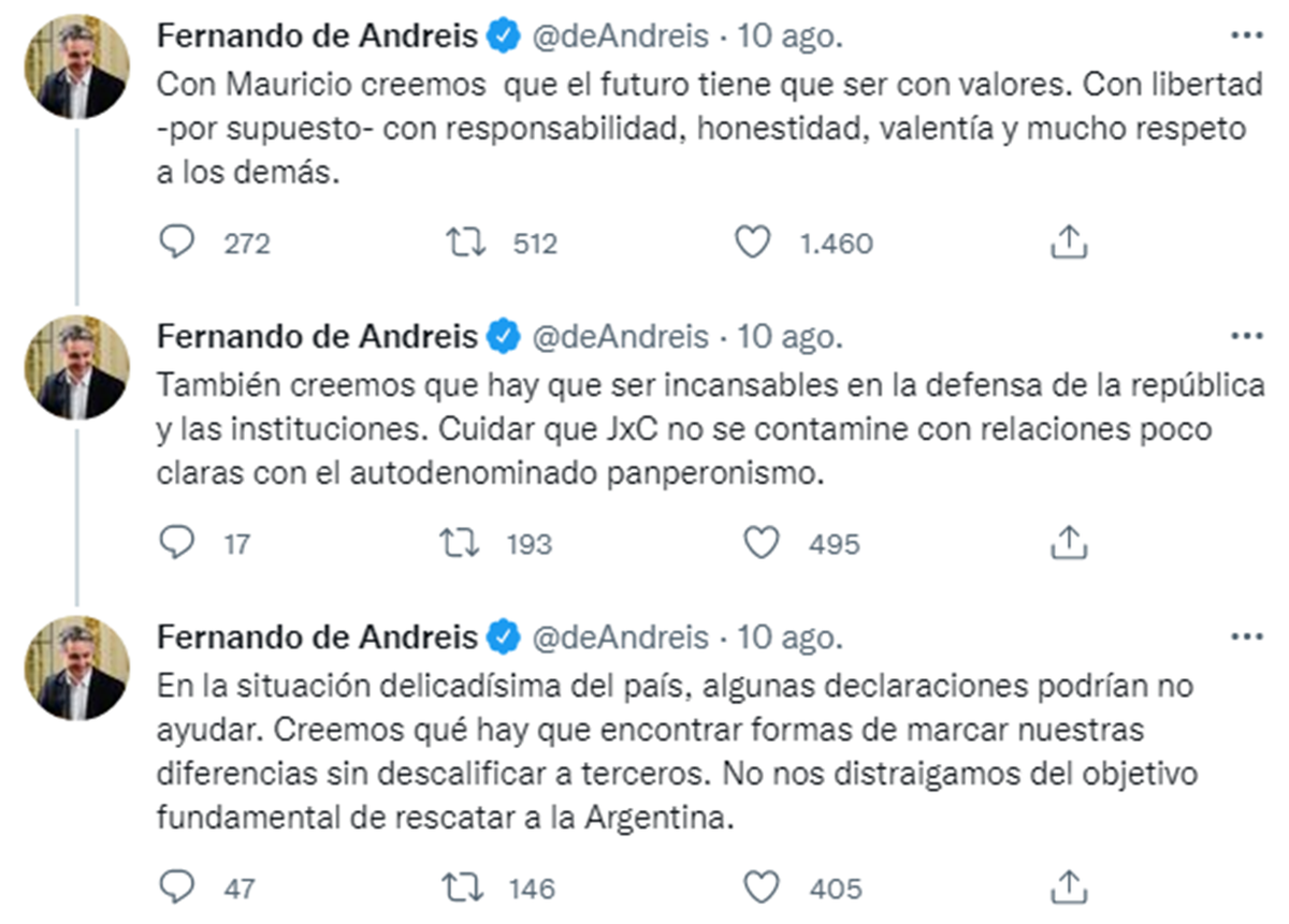 Los tuits de Fernando de Andreis, muy allegado a Mauricio Macri. 