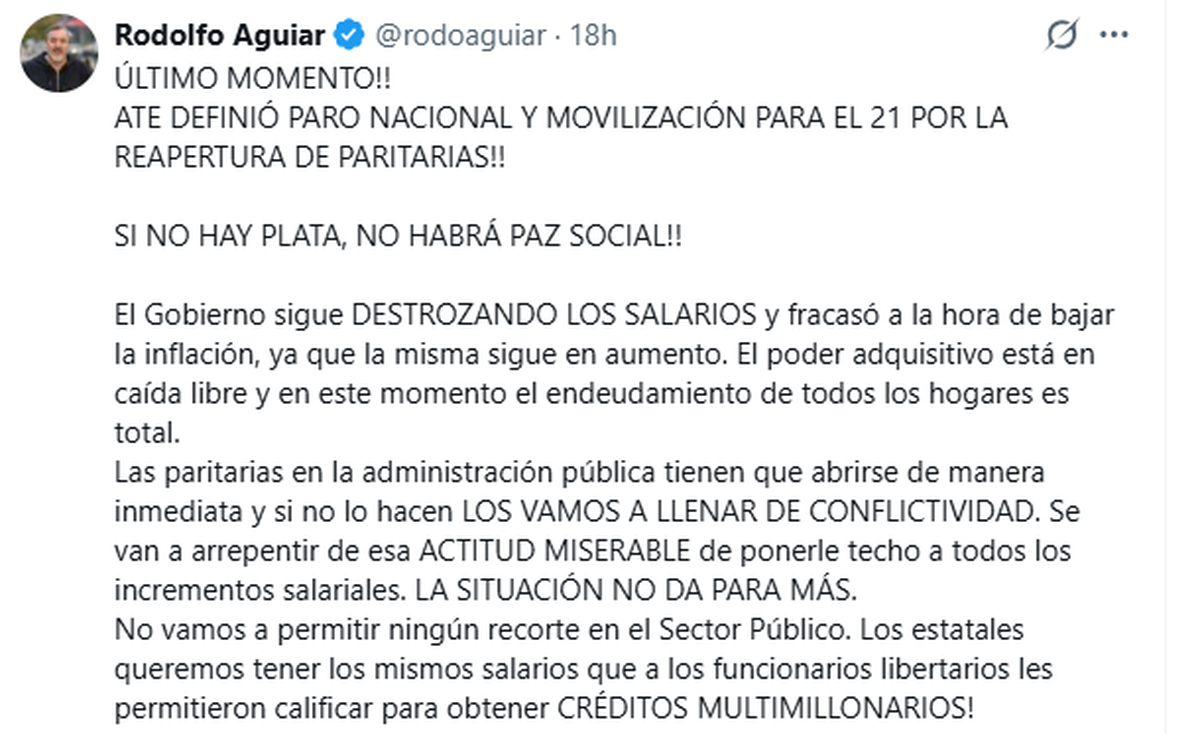 El anuncio del paro de estatales por parte de Rodolfo Aguiar en sus redes sociales. El anuncio del paro de estatales por parte de Rodolfo Aguiar en sus redes sociales.