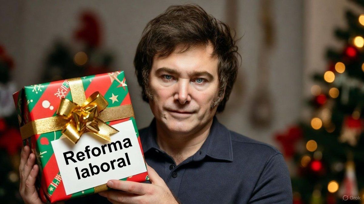 Javier Milei enseña su reforma laboral y se abre el debate. (Foto generada con IA: Grok).&nbsp;