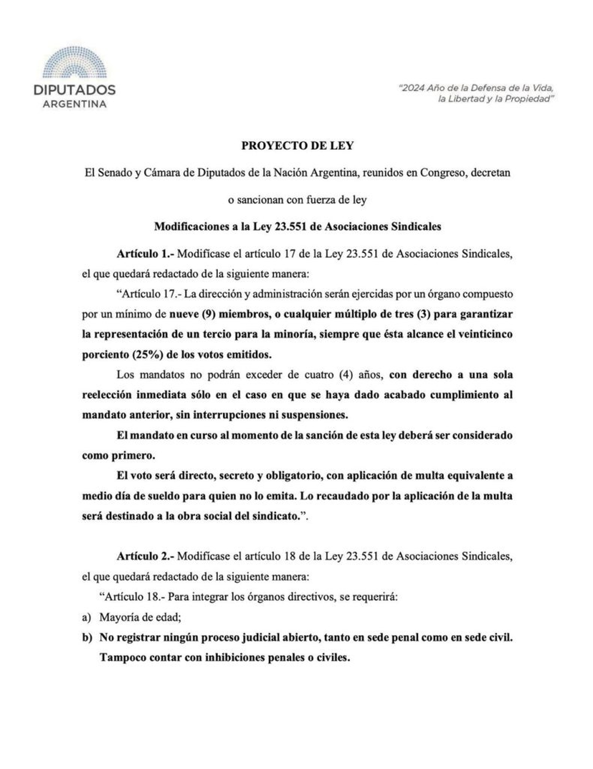 Imagen del proyecto para limitar reelecciones en sindicatos, publicada por el sitio 'Gestión Sindical'. Imagen del proyecto para limitar reelecciones en sindicatos, publicada por el sitio 'Gestión Sindical'.