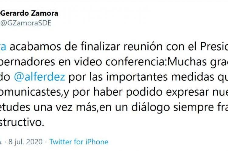 Tuit del gobernador Gerardo Zamora, de Santiago del Estero.