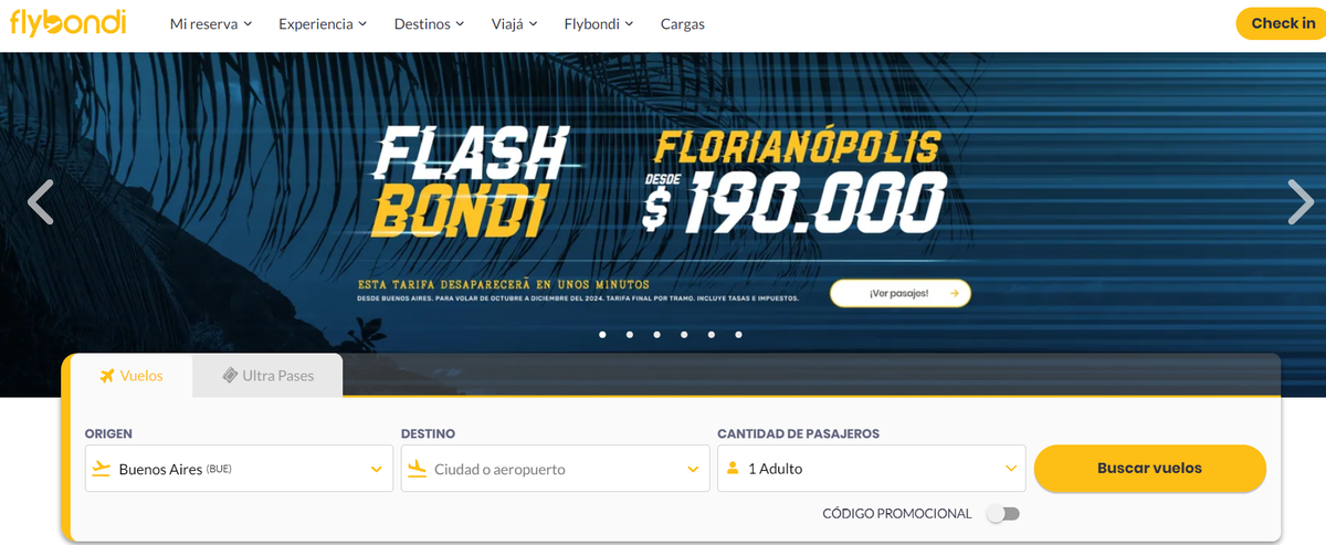 La aerolínea low cost Flybondi lanzó descuentos en pasajes por tiempo límite. La aerolínea low cost Flybondi lanzó descuentos en pasajes por tiempo límite.