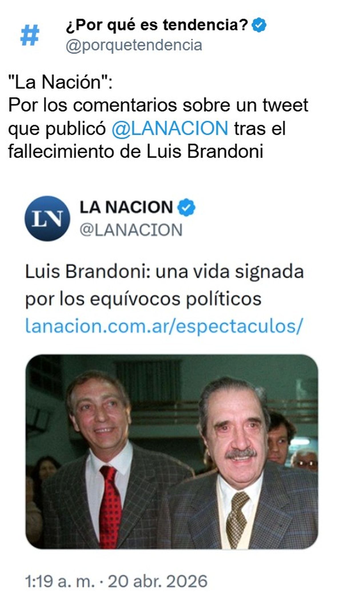 La Nación enfocó el obituario en la militancia de Luis Brandoni, destacando sus "equívocos políticos", algo que fue percibido como frío y fuera de lugar. Fuente: X La Nación enfocó el obituario en la militancia de Luis Brandoni, destacando sus "equívocos políticos", algo que fue percibido como frío y fuera de lugar. Fuente: X