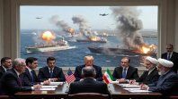 Trump negocia con iraníes en mesa; al fondo, ataque con barcos en llamas y explosiones en el Estrecho de Ormuz. Trump negocia con iraníes en mesa; al fondo, ataque con barcos en llamas y explosiones en el Estrecho de Ormuz.