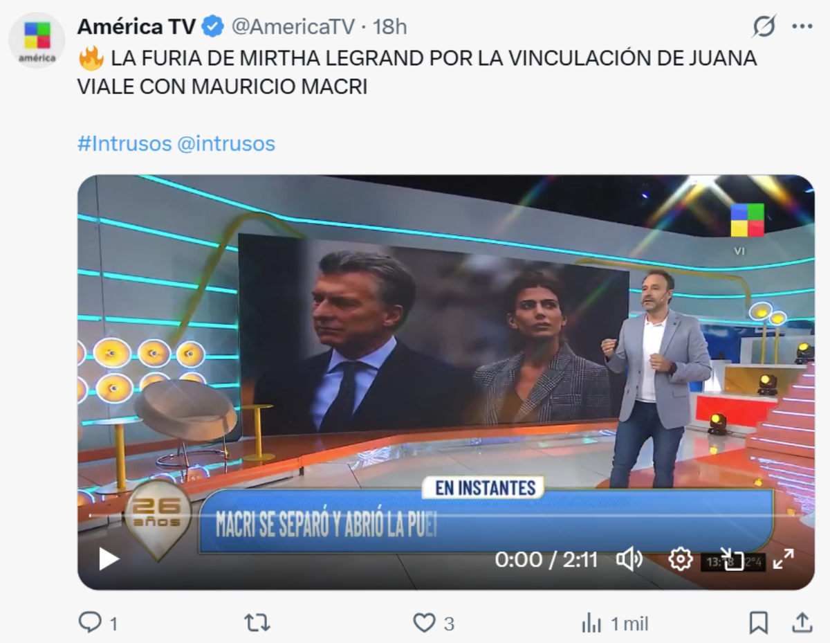 Mirtha Legrand ignoró a Intrusos tras los rumores de romance entre Mauricio Macri y Juana Viale. Mirtha Legrand ignoró a Intrusos tras los rumores de romance entre Mauricio Macri y Juana Viale.
