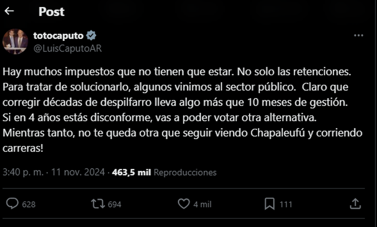 Luis Caputo y el polémico posteo en X. Luis Caputo y el polémico posteo en X.