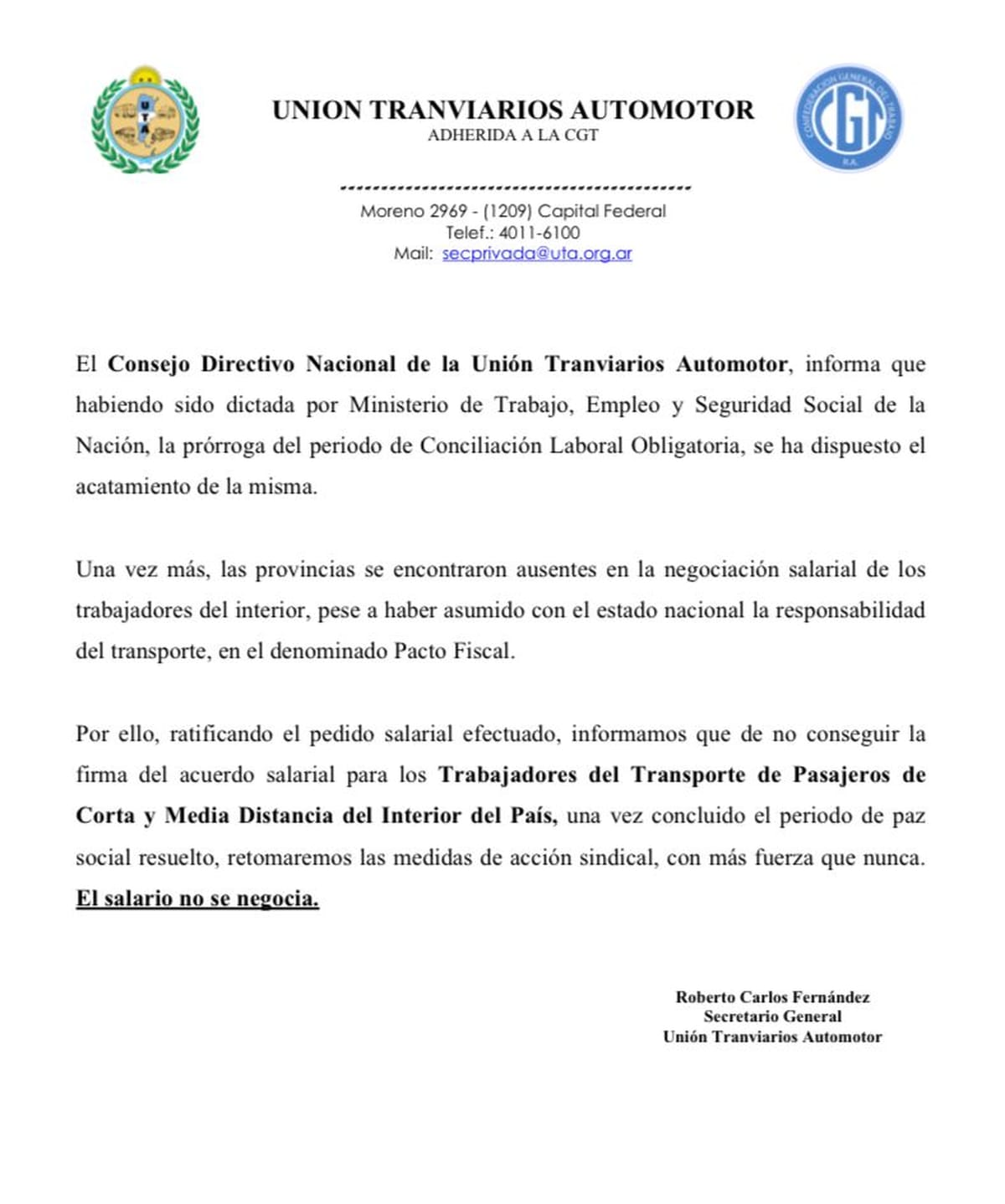 UTA suspende el paro de colectivos tras la conciliación obligatoria dictada por Trabajo.