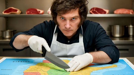 Javier Milei cortando un mapa de la República Argentina. Javier Milei cortando un mapa de la República Argentina.
