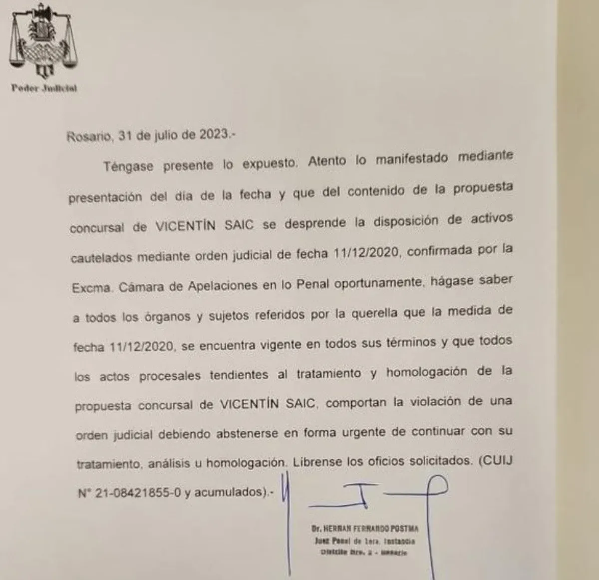 El escrito del juez Postma. El escrito del juez Postma.