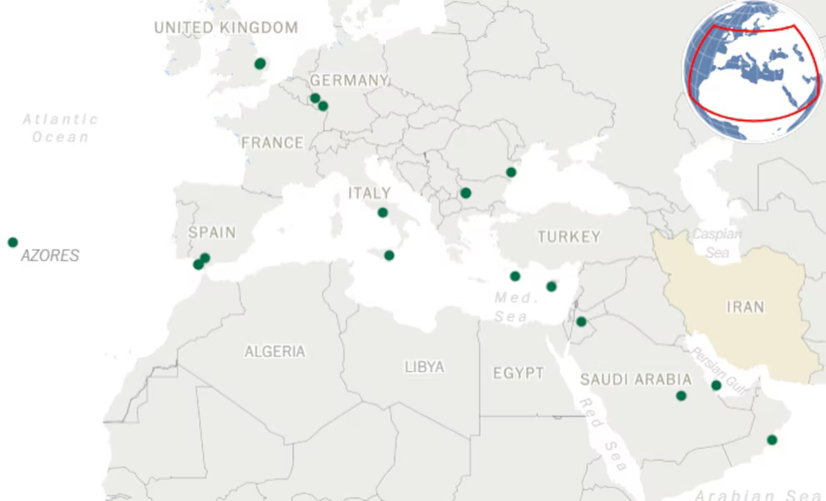 Bases aéreas que alojan aviones de Estados Unidos cerca de Irán (IMAGEN: THE WASHIGTON POST) Bases aéreas que alojan aviones de Estados Unidos cerca de Irán (IMAGEN: THE WASHIGTON POST)