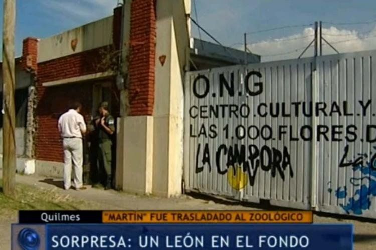 La entrada al predio Centro Cultural y Social las 1.000 Flores de Néstor donde encontraron al león, 2 caballos, autopartes y la Land Rover con pedido de captura (Foto: Captura de TV)