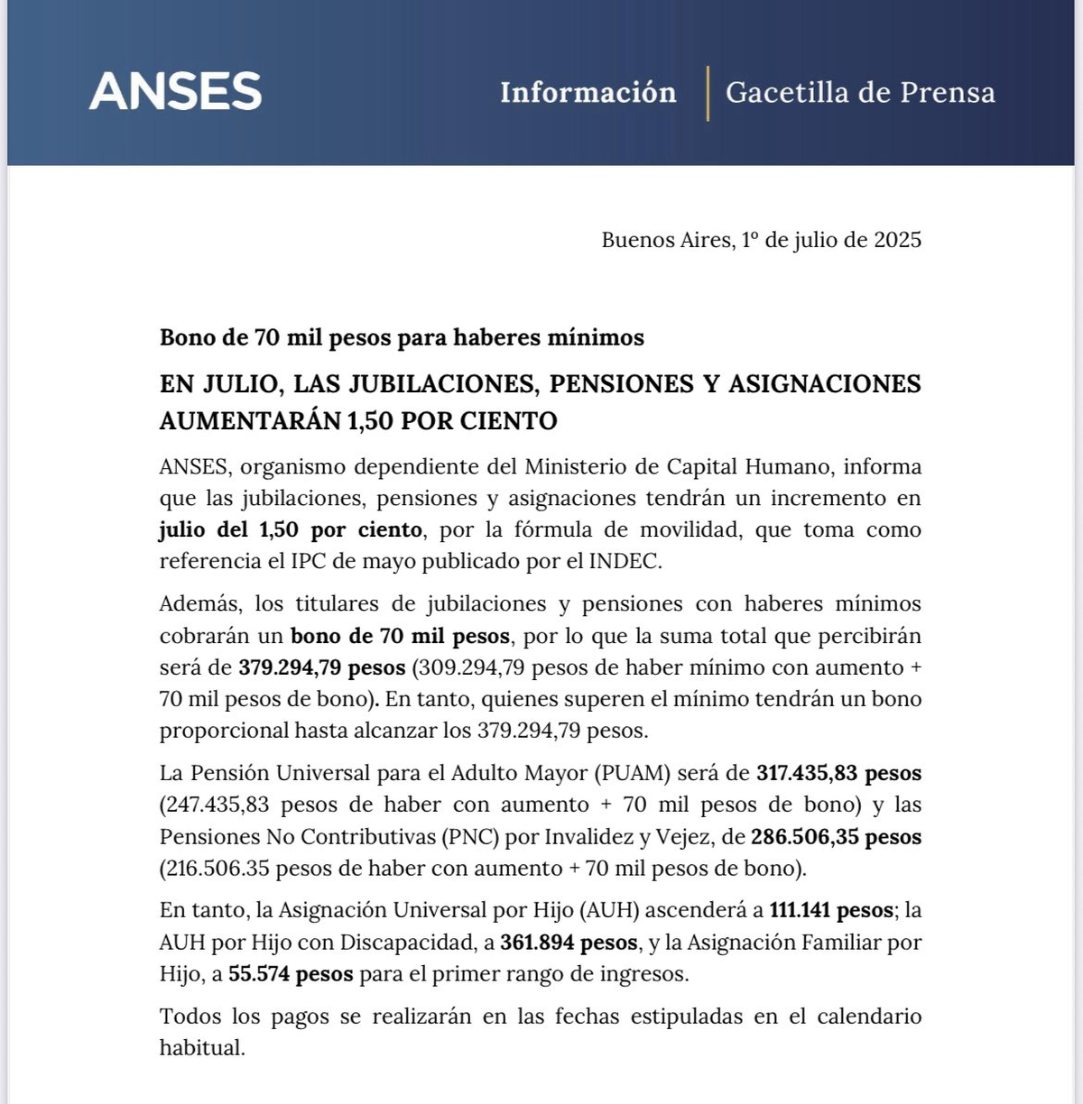 El comunicado de la Anses de este martes 1/7 sobre el aumento para los jubilados. El comunicado de la Anses de este martes 1/7 sobre el aumento para los jubilados.