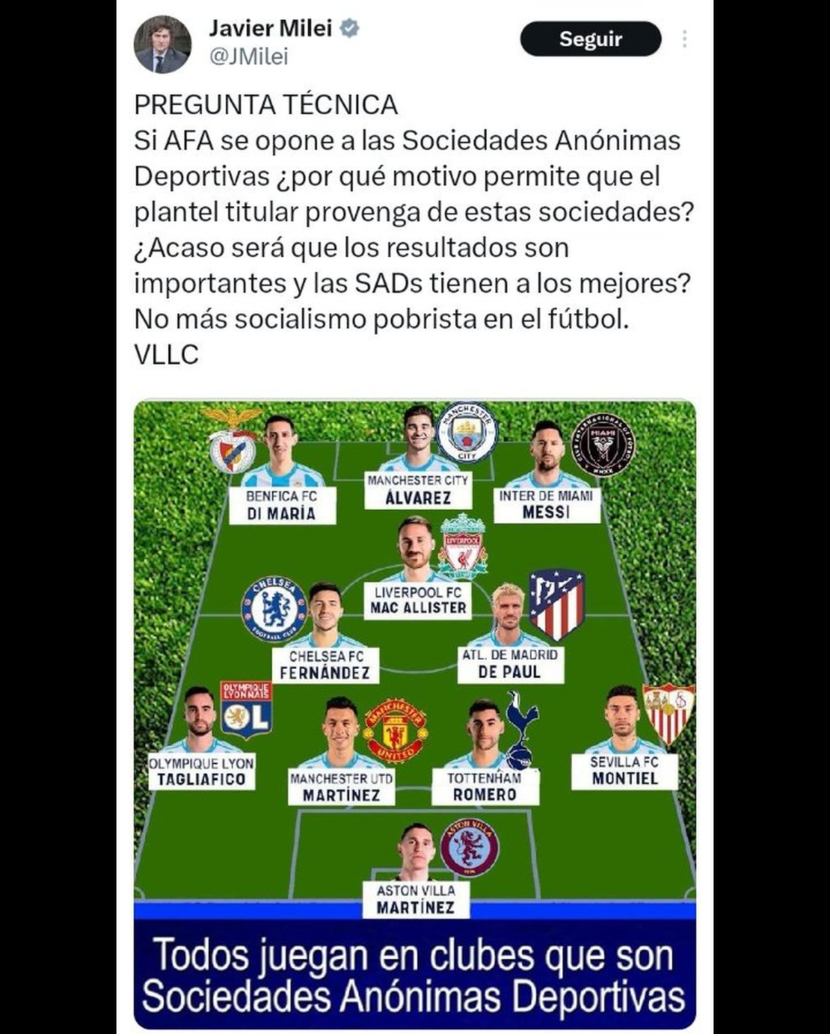 El polémico tuit de Javier Milei apelando a la Selección Argentina para defender su proyecto de las SAD El polémico tuit de Javier Milei apelando a la Selección Argentina para defender su proyecto de las SAD