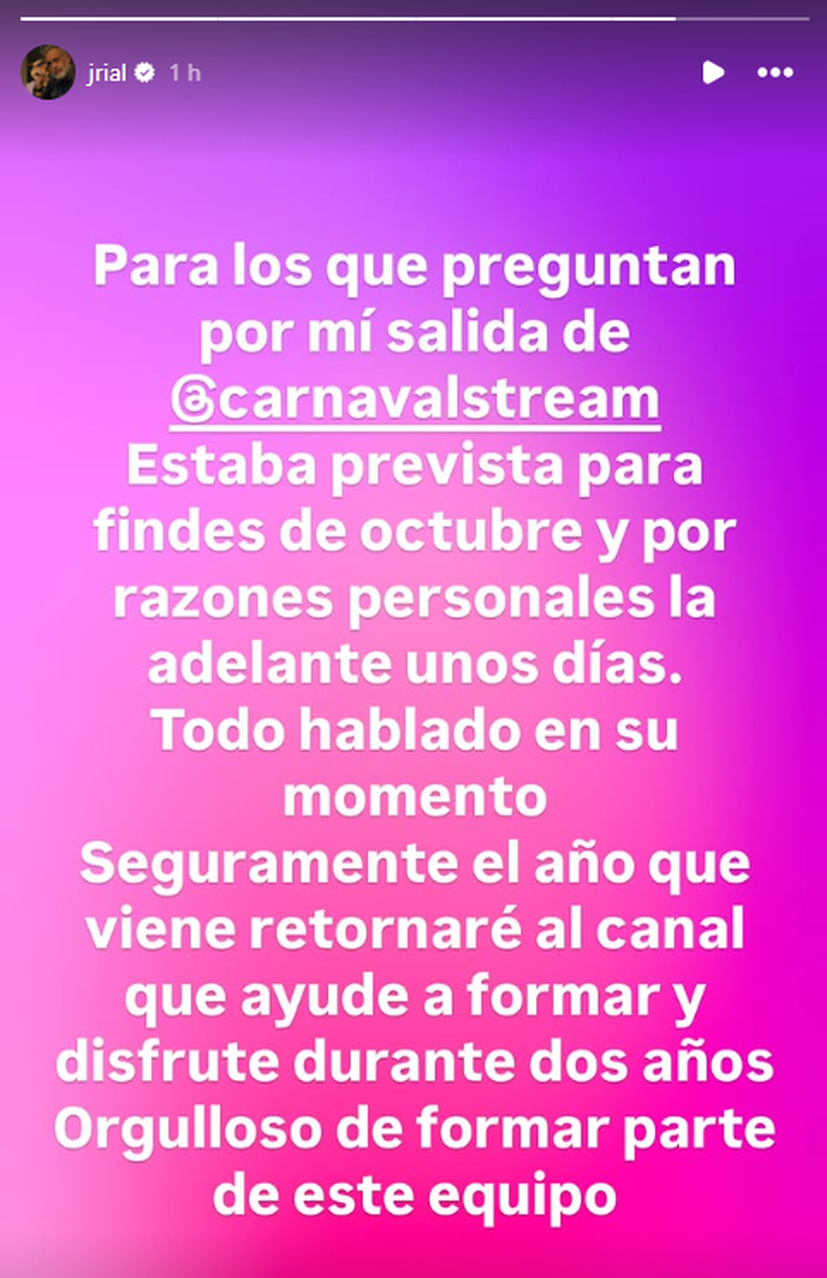 Jorge Rial aclaró que su salida estaba prevista para fines de octubre, aunque la adelantó por razones personales. Descartó implícitamente una ruptura y anticipó un posible regreso en 2027. Foto: Captura Instagram