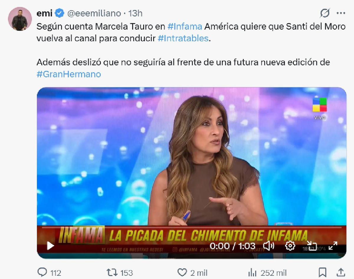 Marcela Tauro reveló la intención de América TV de volver a contratar a Santiago del Moro. Marcela Tauro reveló la intención de América TV de volver a contratar a Santiago del Moro.
